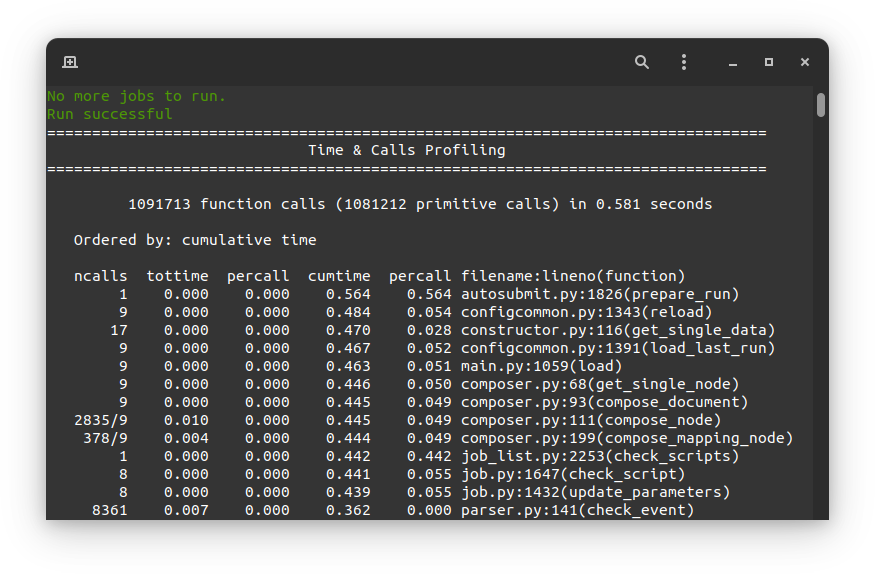 Screenshot of the header of the profiler's output